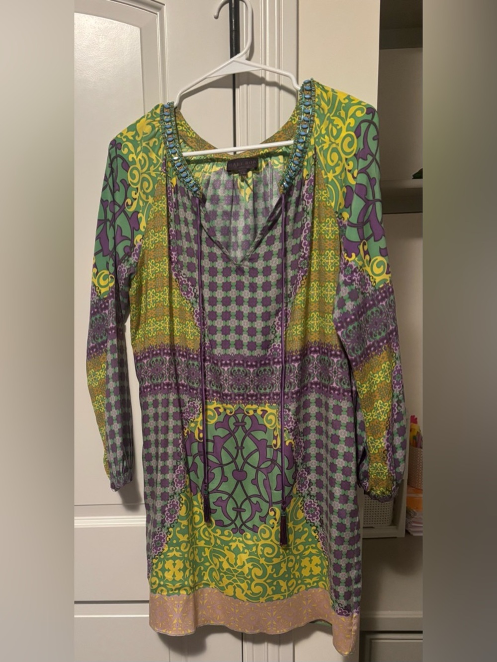 Hale Bob Beaded-Neck Printed Tunic - Green, Purple & Yellow